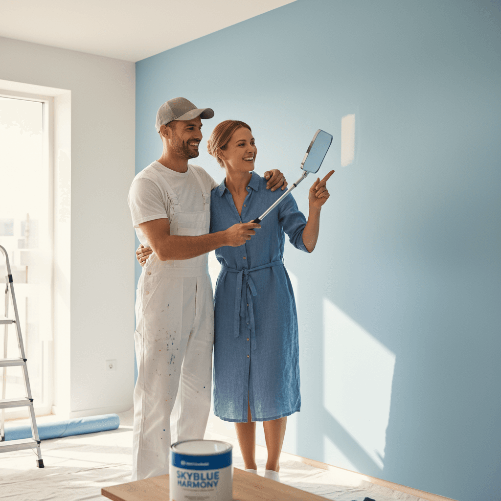 Painter reviewing finished paint job with a homeowner