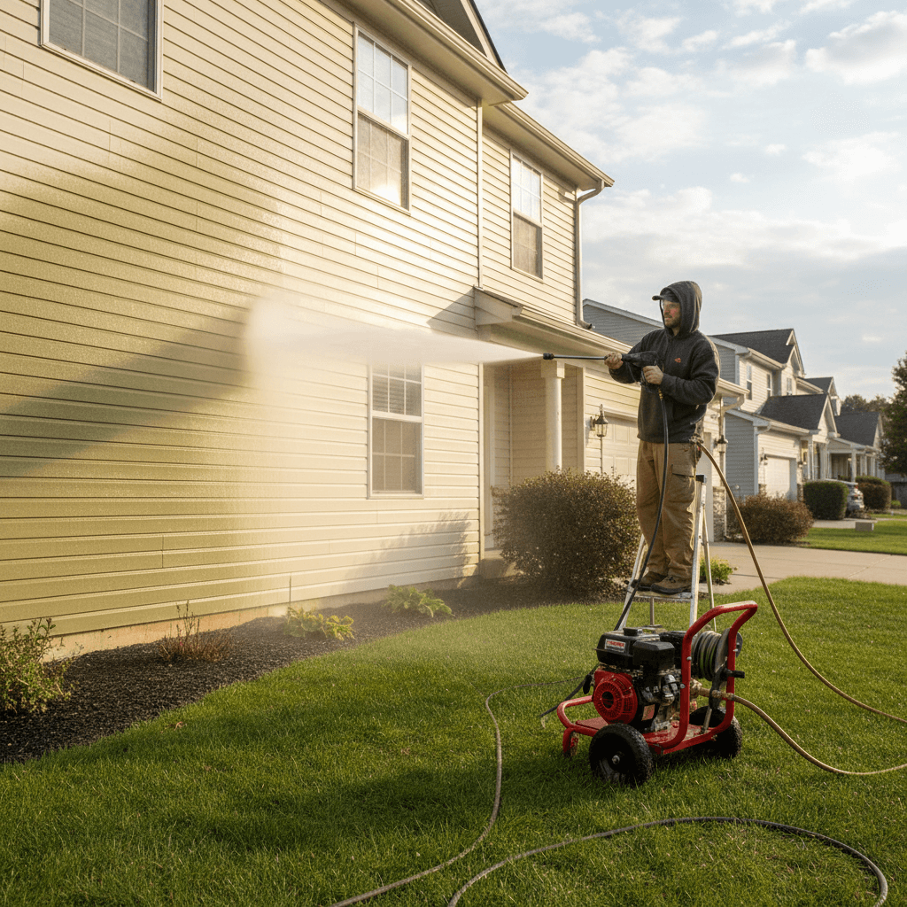 Professional painter power washing the exterior wall of a house