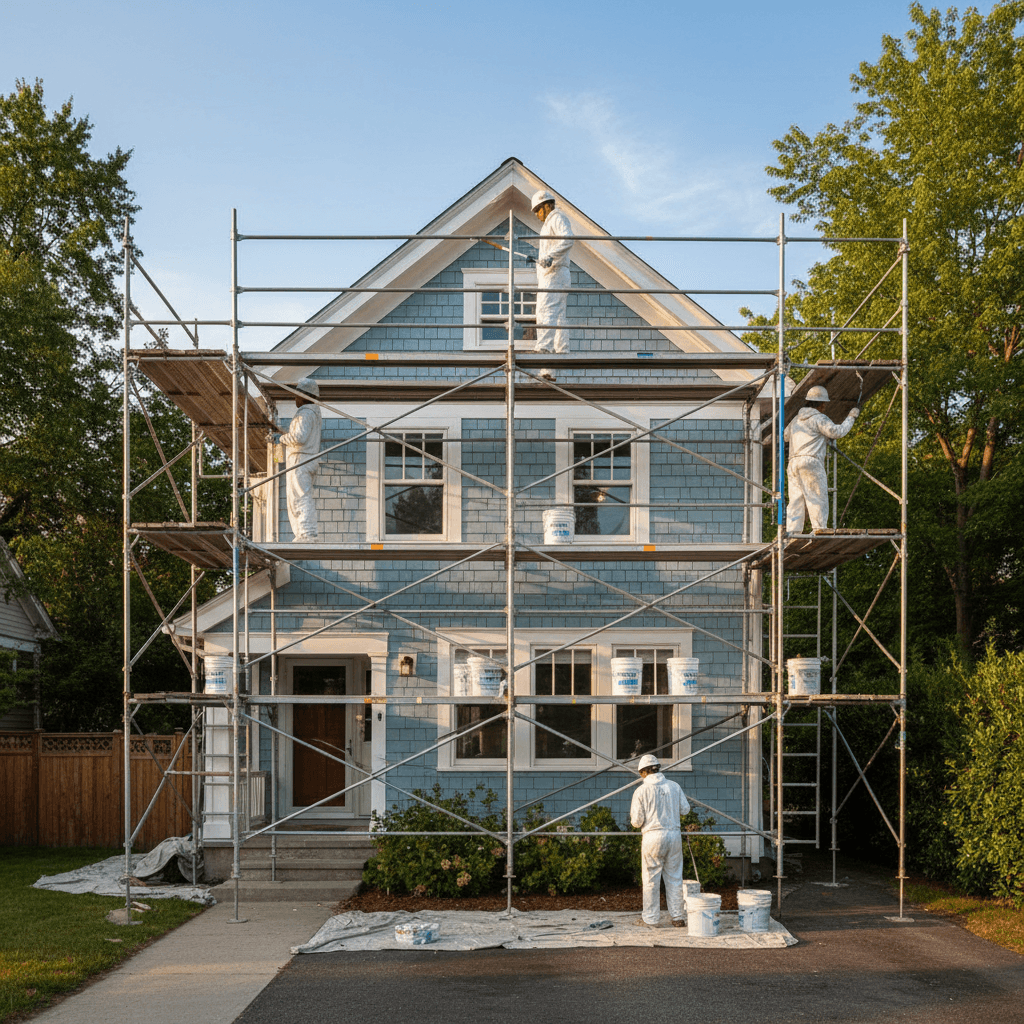 Painting crew working with scaffolding on a residential home exterior