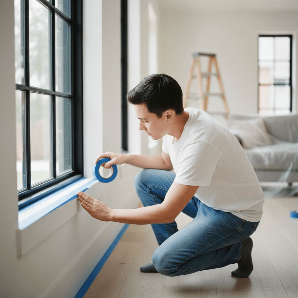 Painter's hands applying tape to a window frame for clean lines