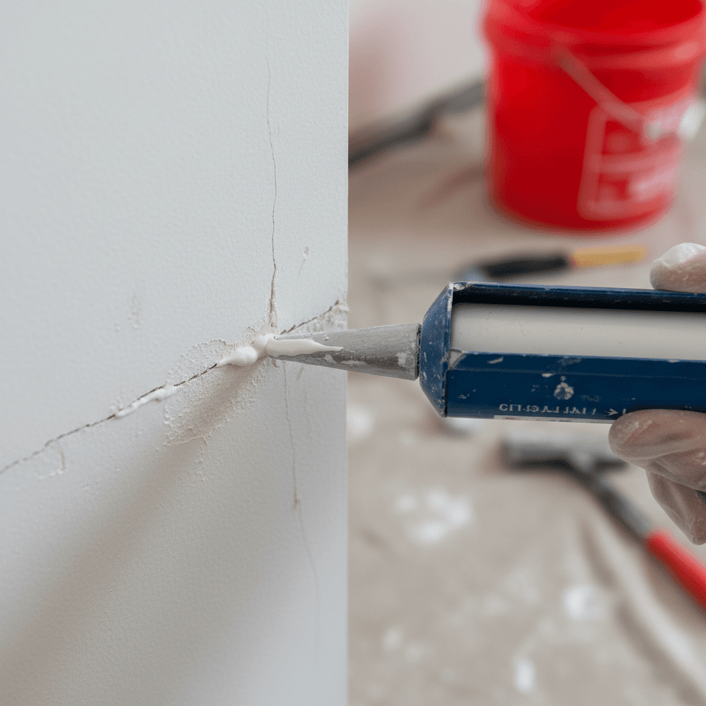 Hand applying caulk to seal a crack in a drywall interior wall