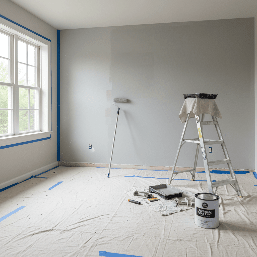 Painter applying a fresh coat of paint in a prepared room