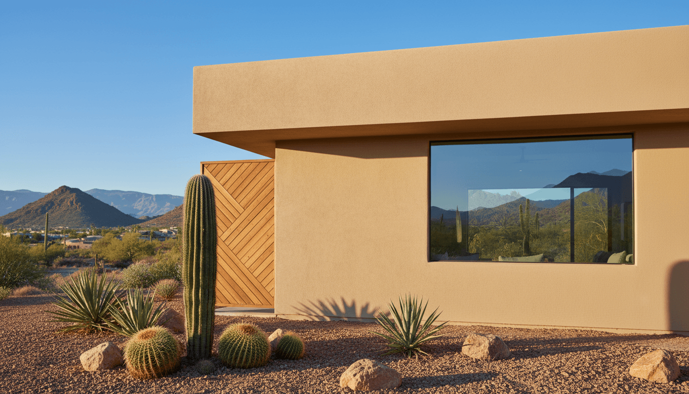 Freshly painted exterior stucco wall of a modern house in sunny desert setting