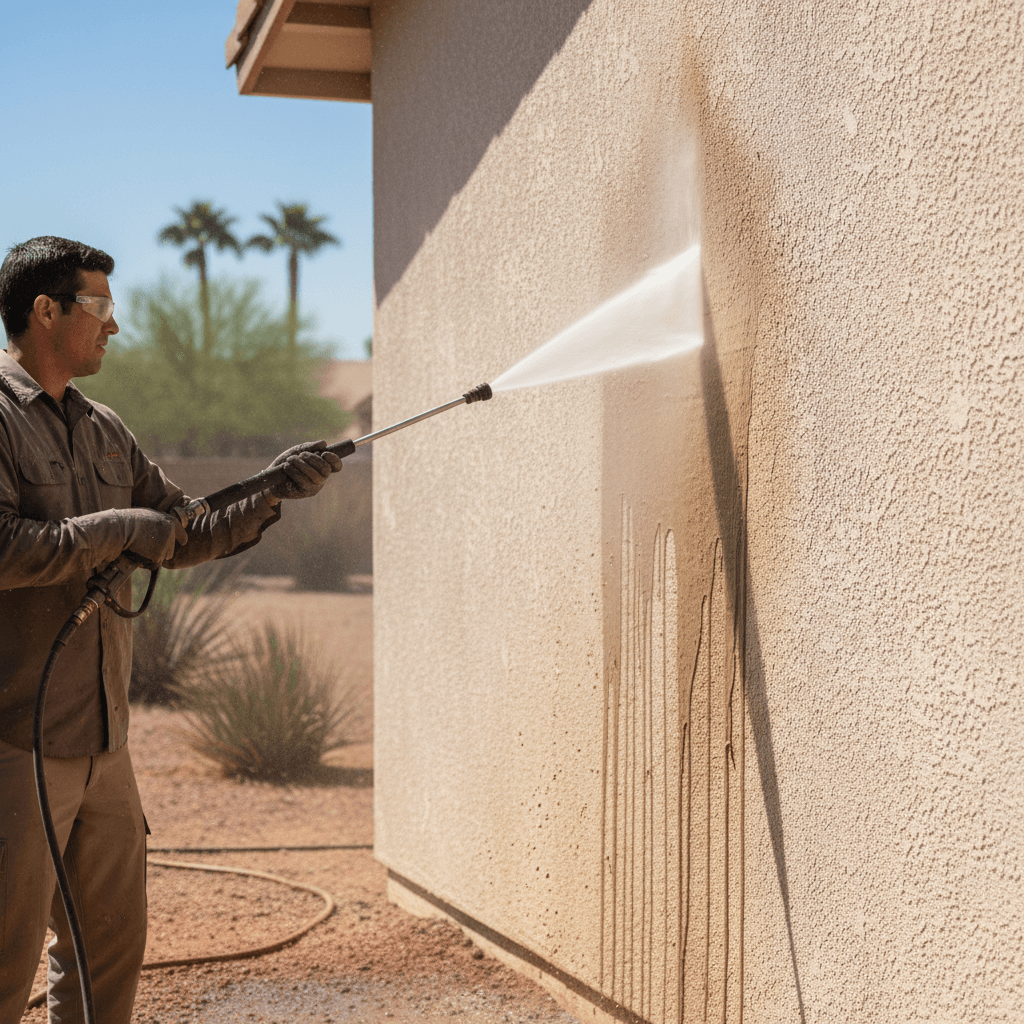 Power washing removing dust and buildup from exterior stucco