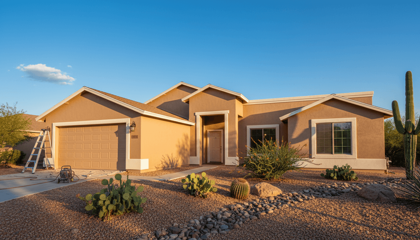 Freshly painted tan stucco home exterior in Arizona with clean trim and desert landscaping