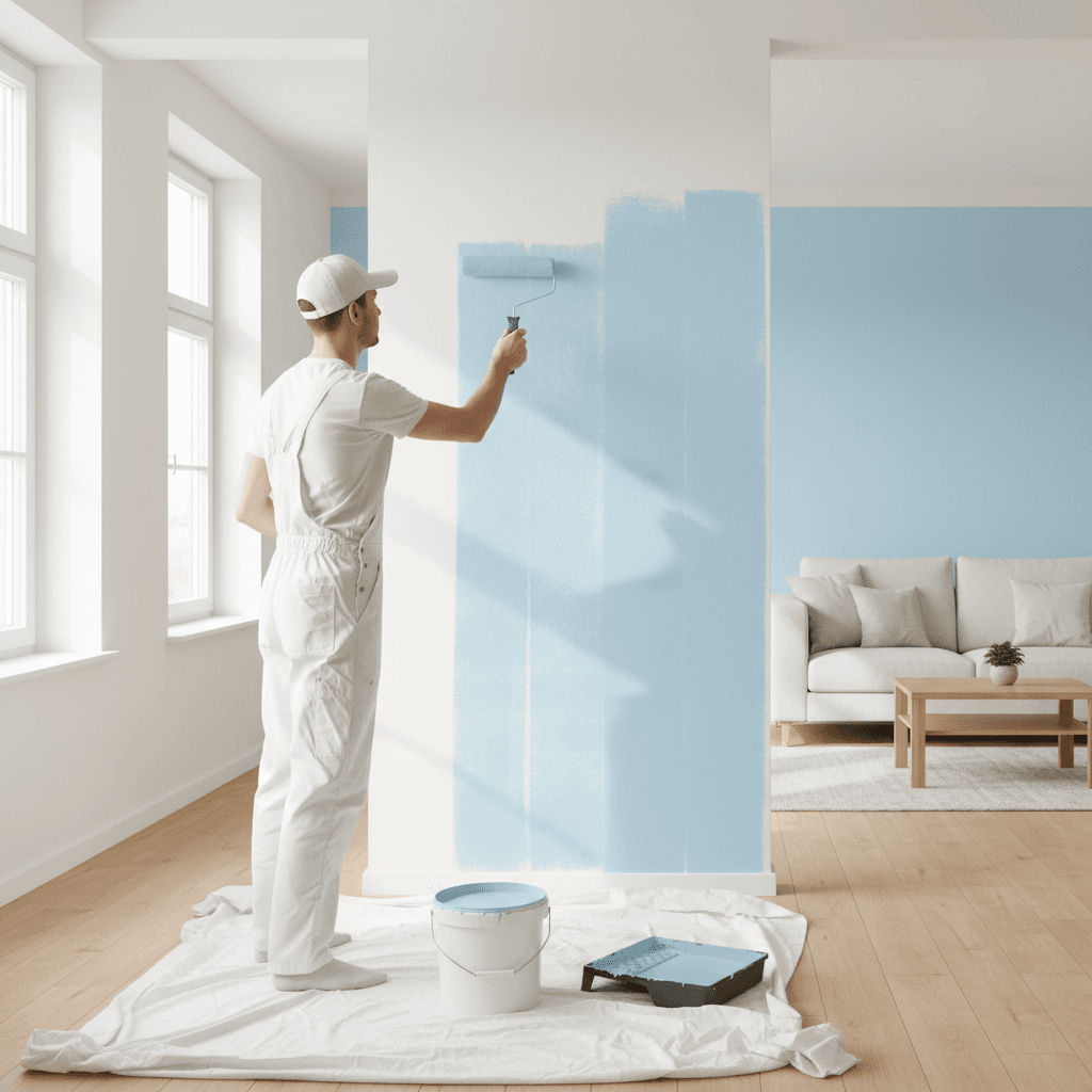Painter applying fresh coat of paint to an interior wall in a bright living room