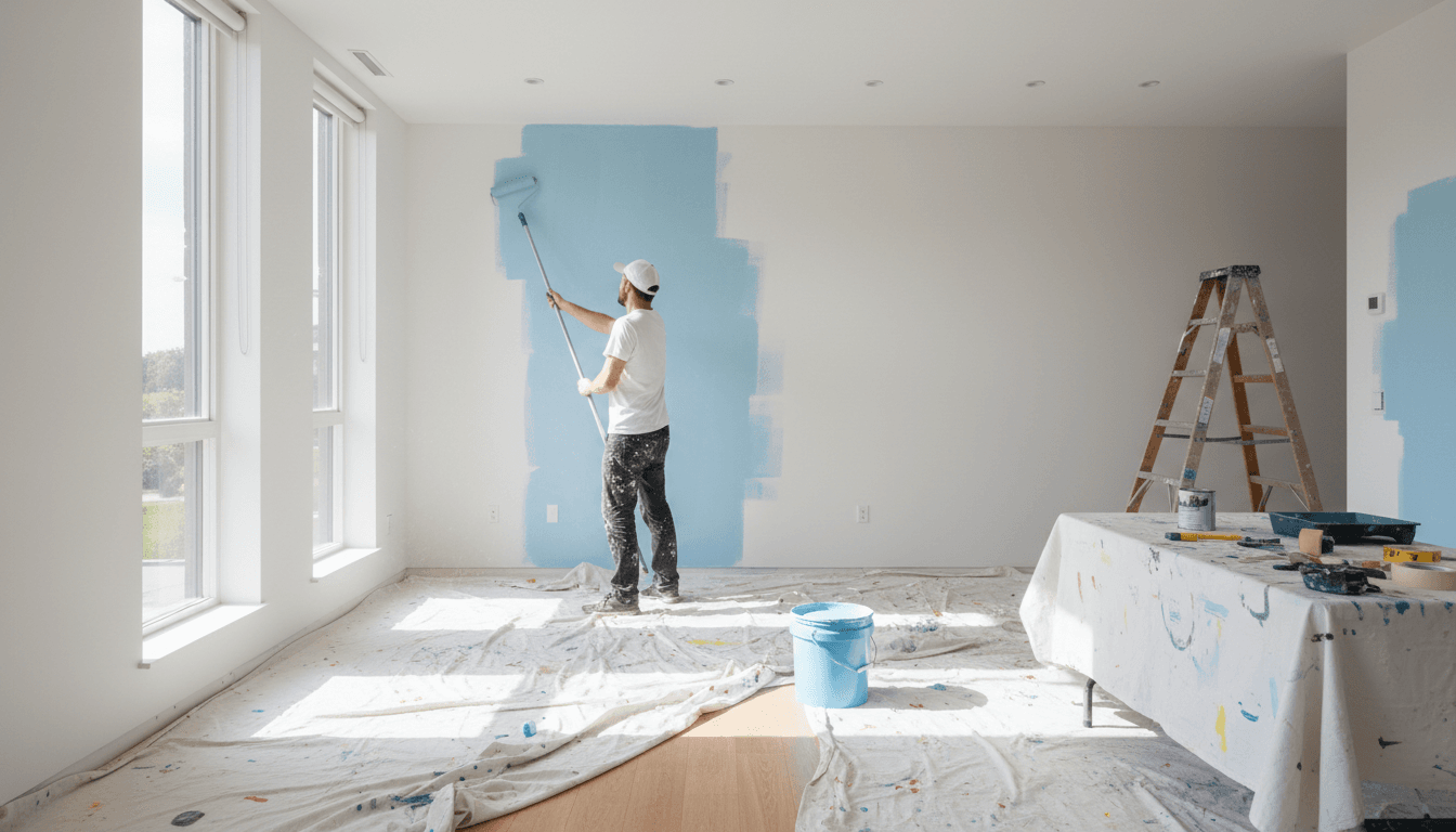Painter applying a coat of paint onto an interior wall with a roller in a bright, protected room