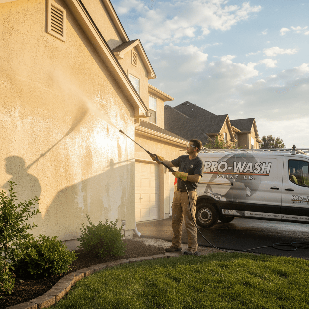Professional painter power washing exterior wall of house with pressure washer