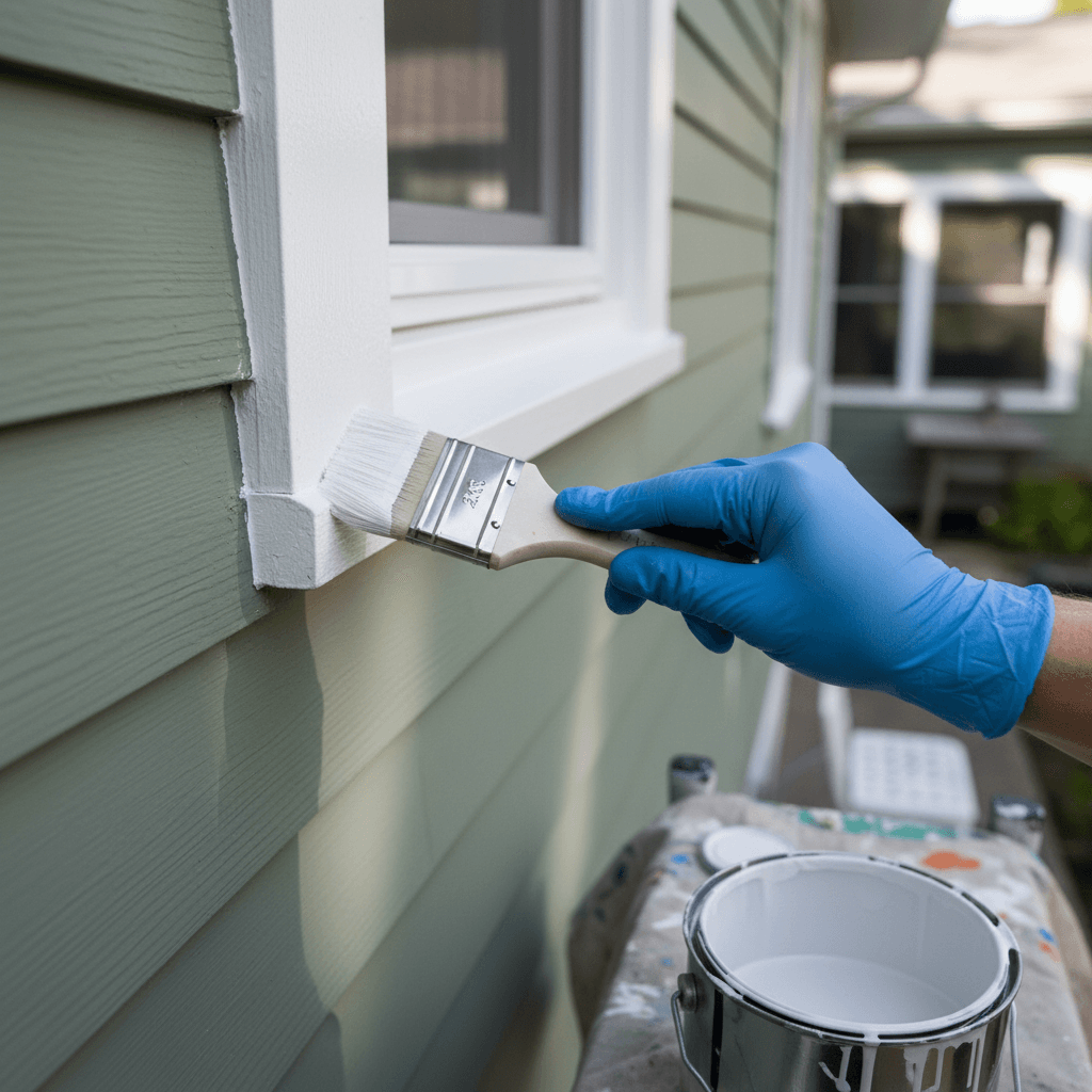 Painter cutting in a clean paint line on exterior trim with a brush