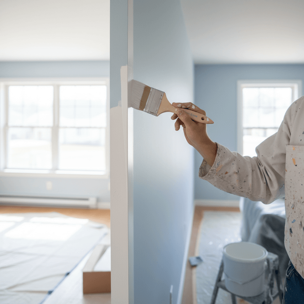 Painter cutting in a clean line along the ceiling edge