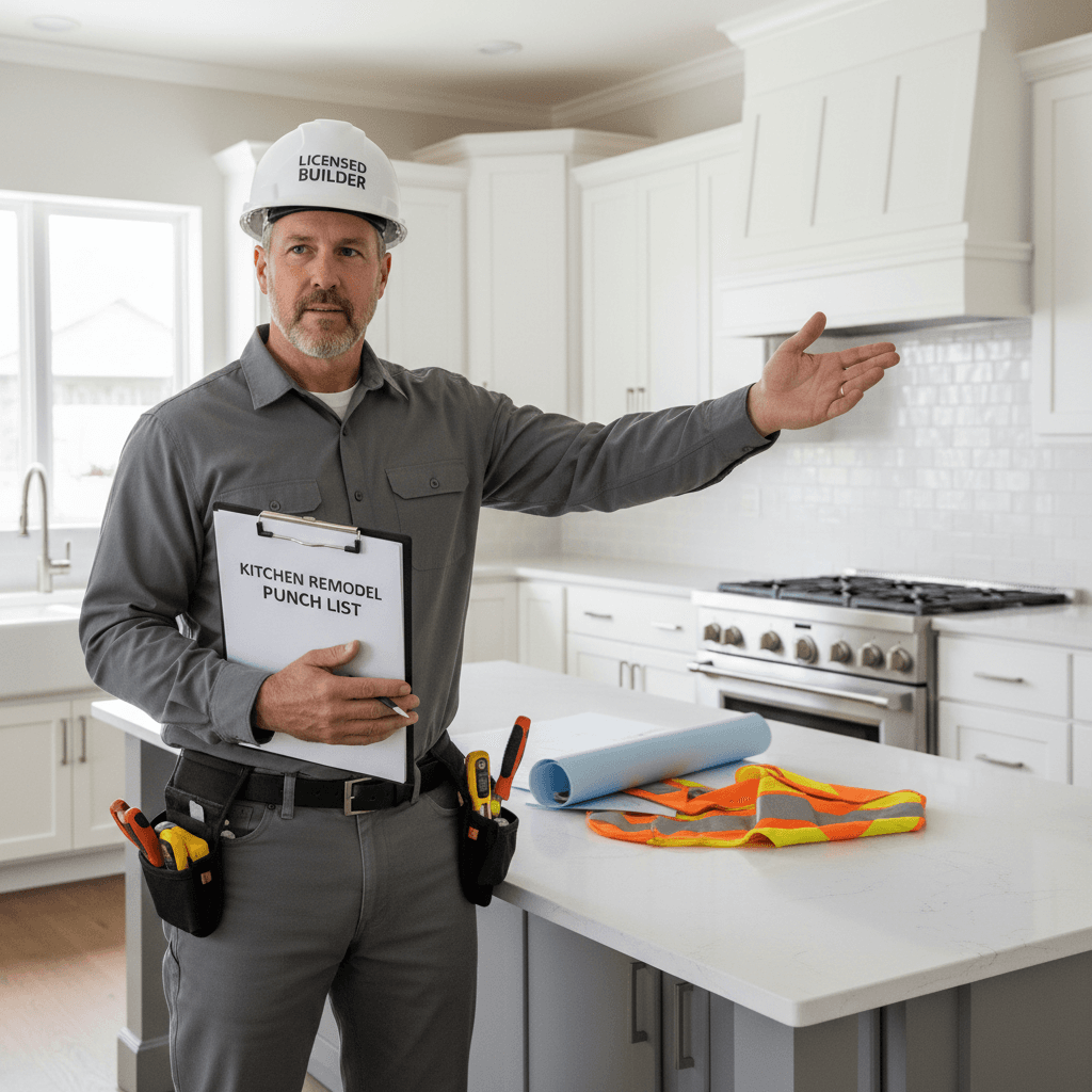 Contractor with clipboard reviewing cabinet paint job