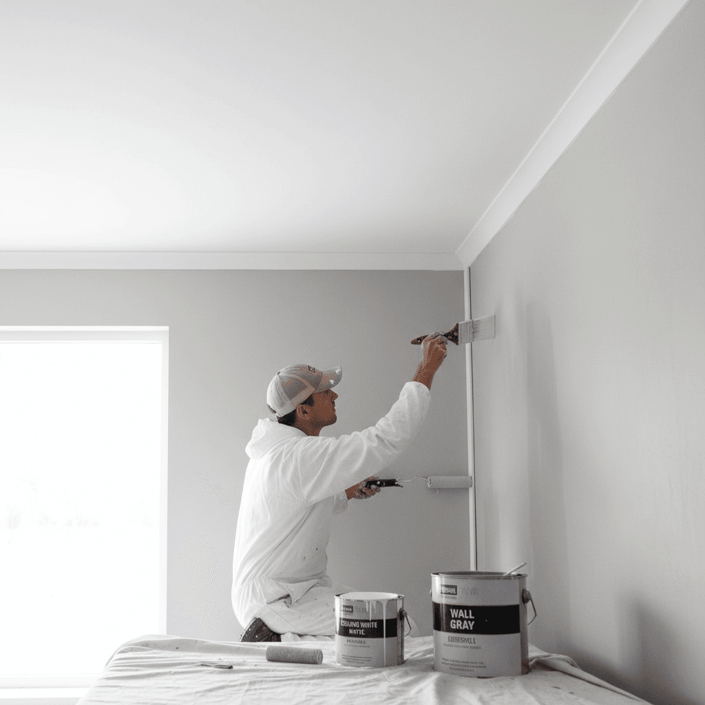 Professional painter cutting in a clean straight line between wall and ceiling