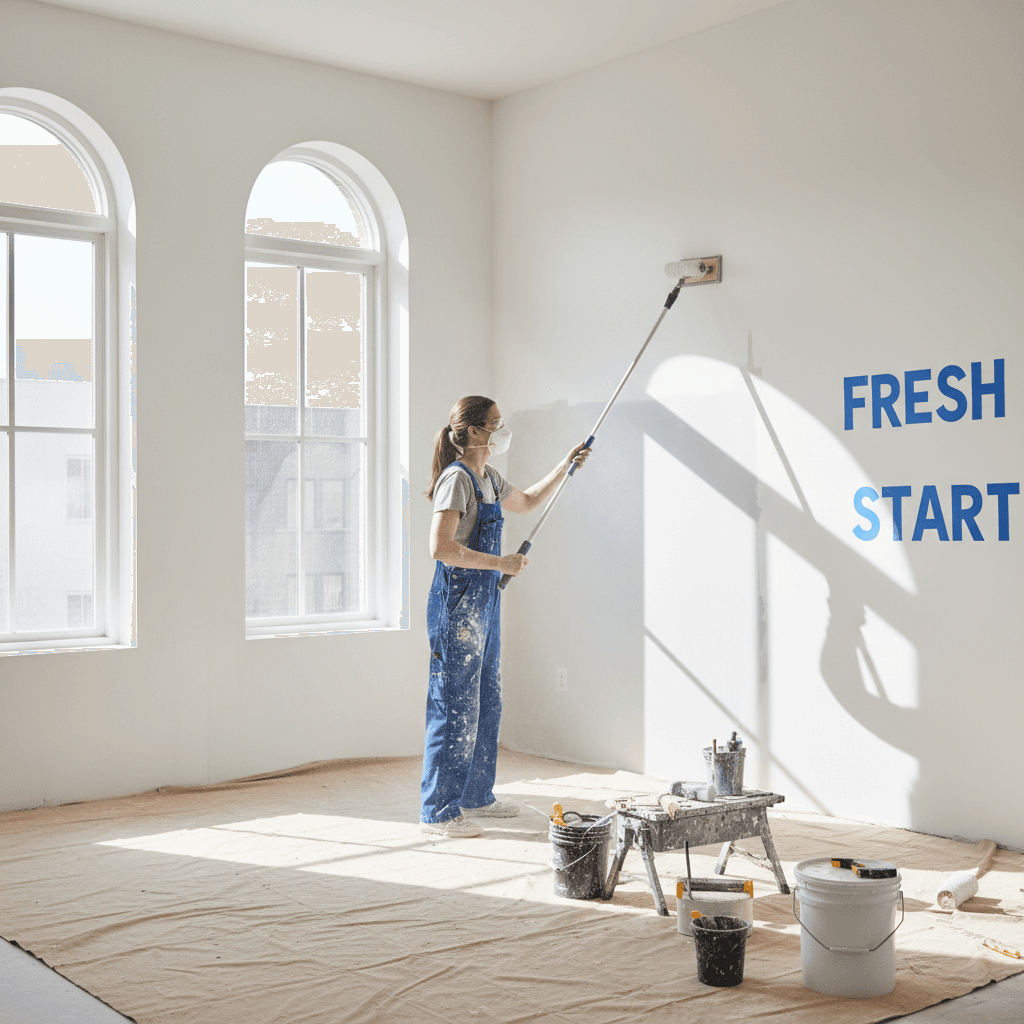 Painter sanding an interior wall before applying paint