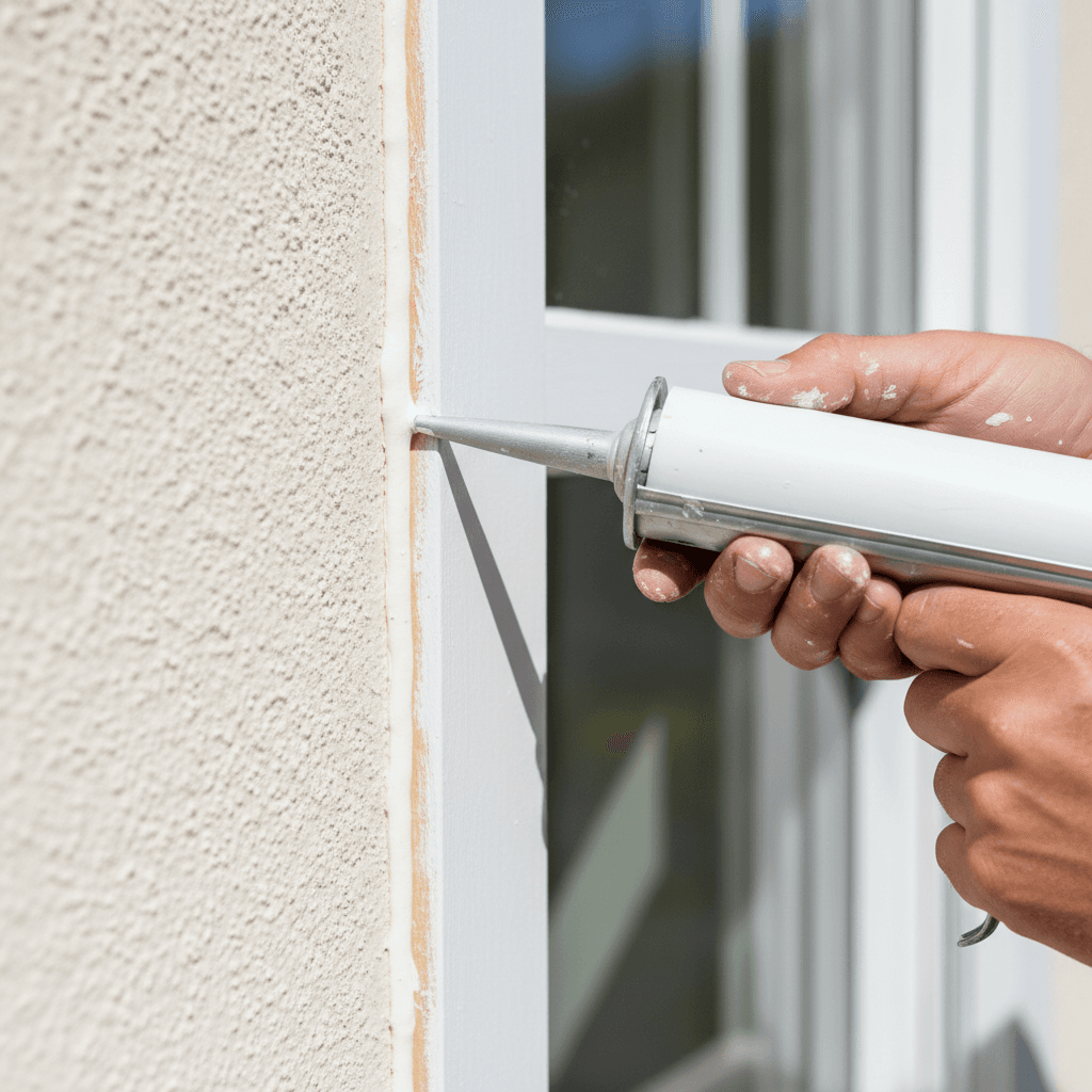 Painter applying caulk to seal the gap between a window frame and siding