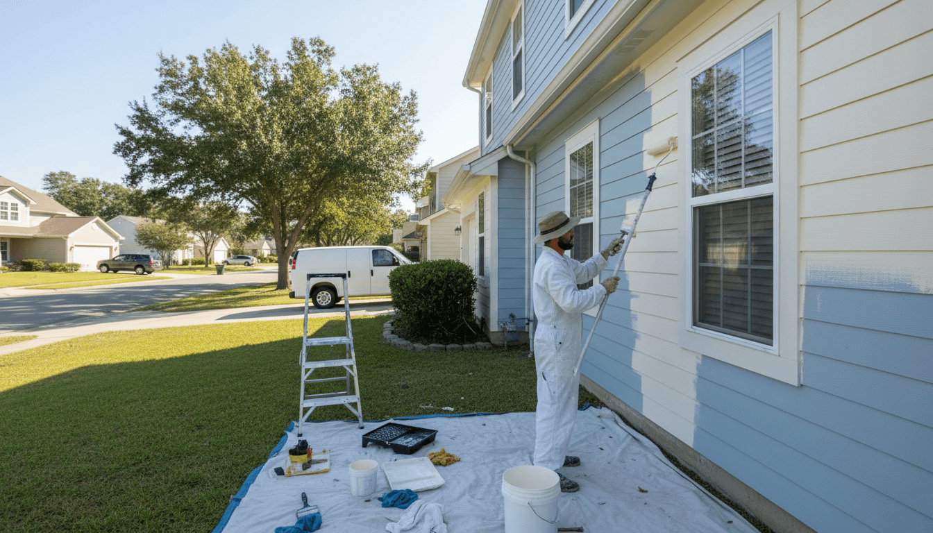 Professional painter applying paint to a home exterior wall in a sunny suburban neighborhood