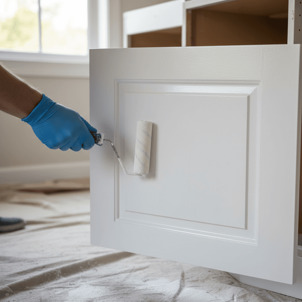 Hand applying a coat of paint to a cabinet door with a roller