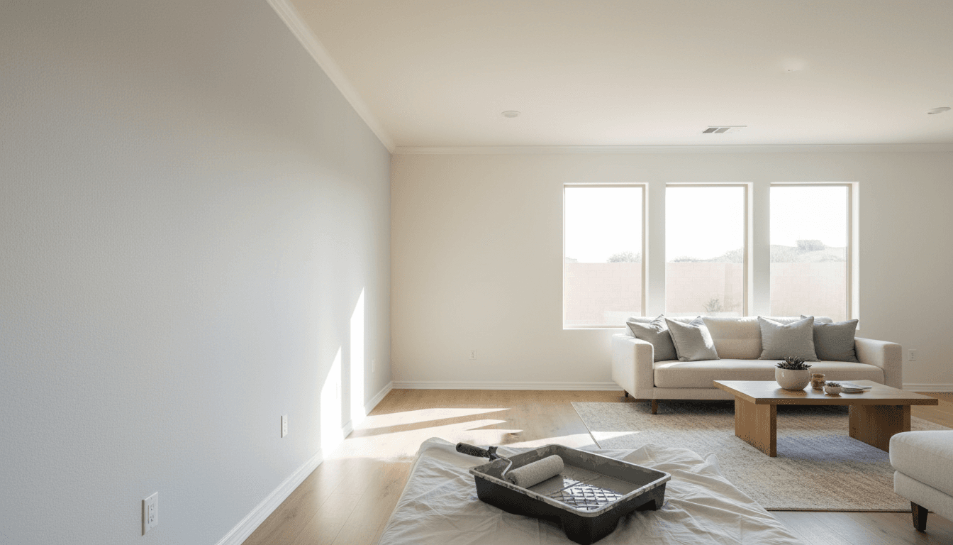 Freshly painted living room interior with clean white walls and a gray accent wall in a Gilbert home