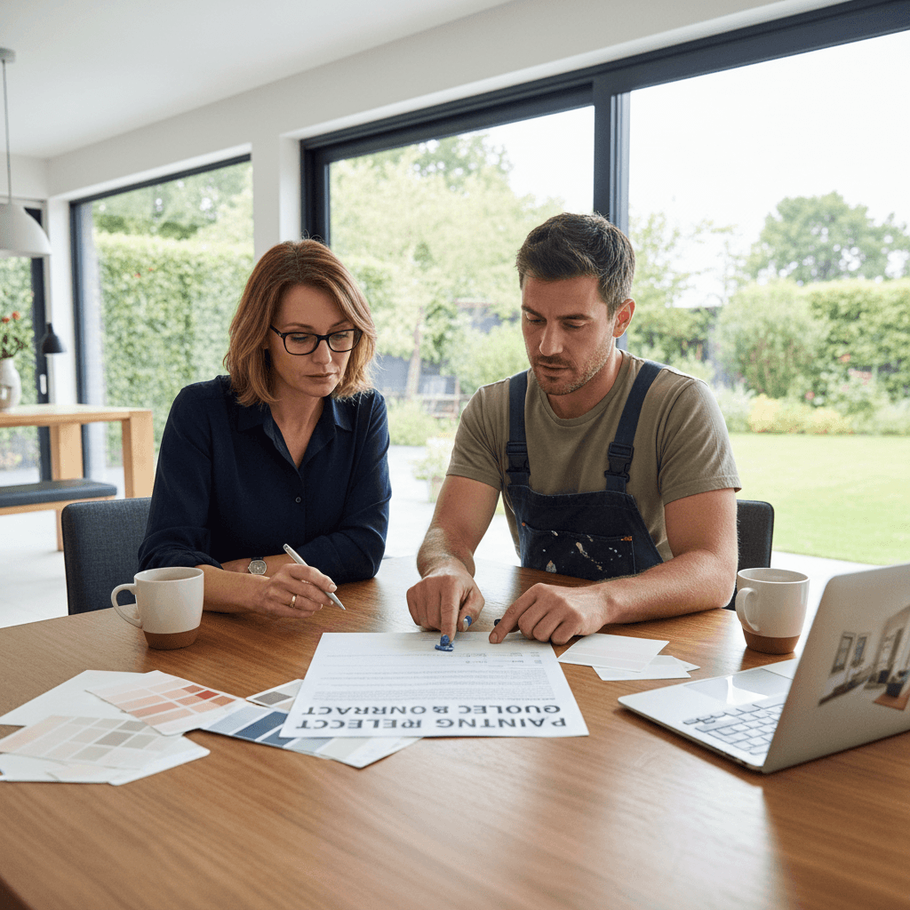Painter reviewing a quote and contract with a homeowner at a dining table