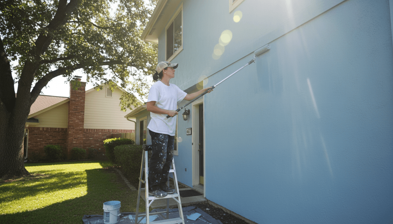Professional painter applying paint to an exterior house wall with a roller in bright sunlight