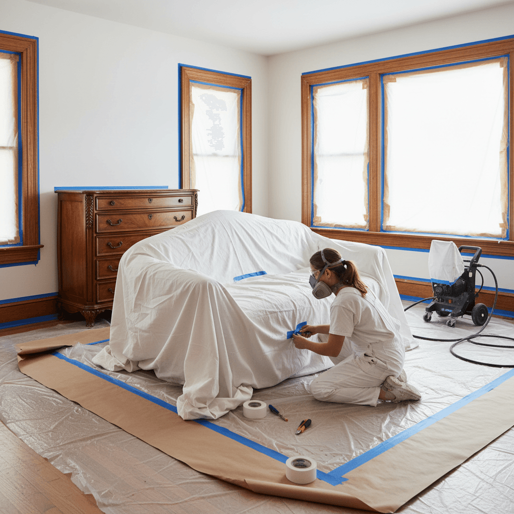 Painter in mask covering furniture and trim with tape and drop cloths