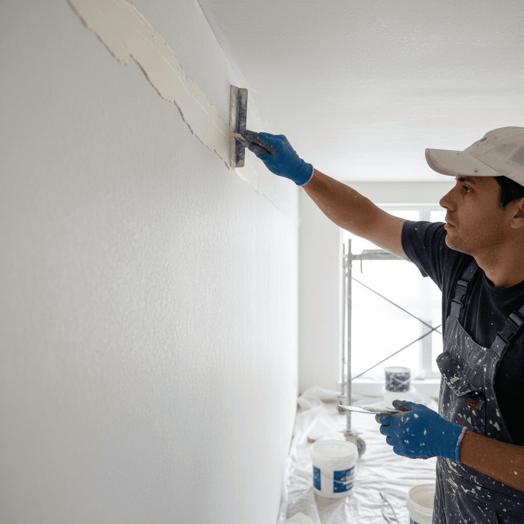 Painter repairing drywall crack with putty knife