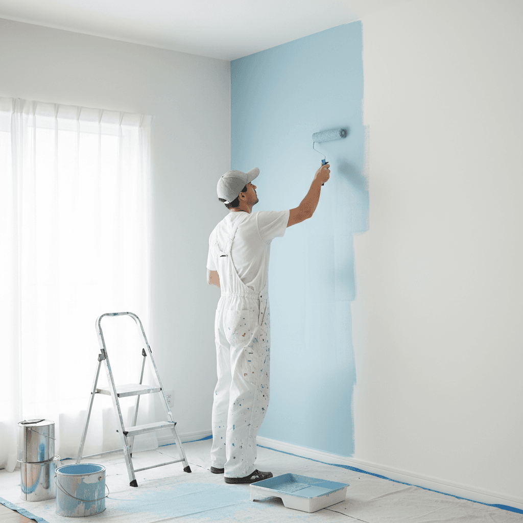 Painter applying a smooth coat to an interior wall