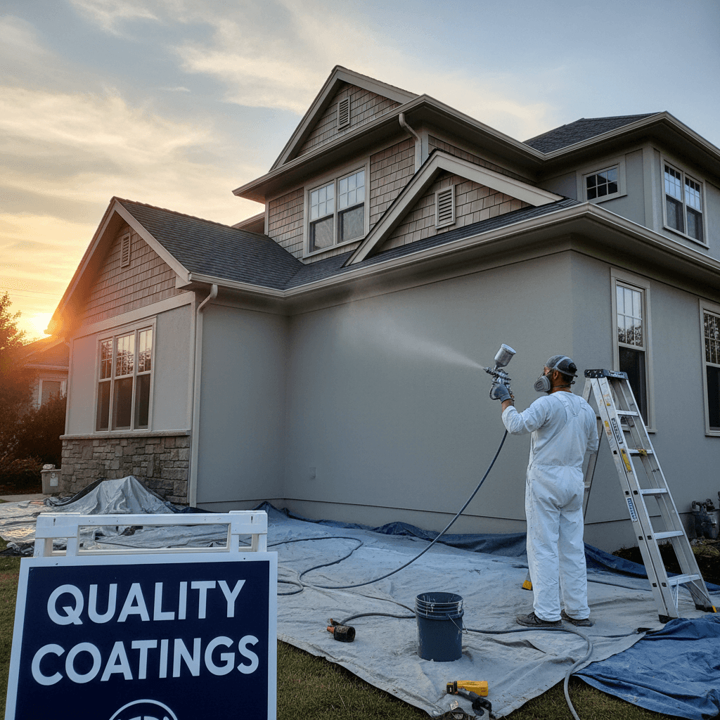 Painter applying spray finish to an exterior wall with clean protective tape lines