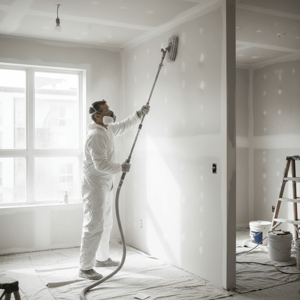 Professional painter sanding an interior wall before painting