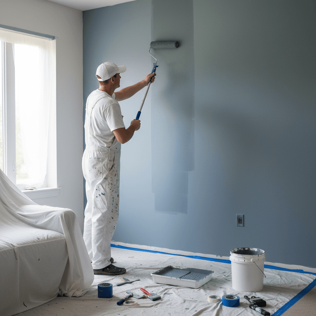 Painter applying paint with a roller to an interior wall