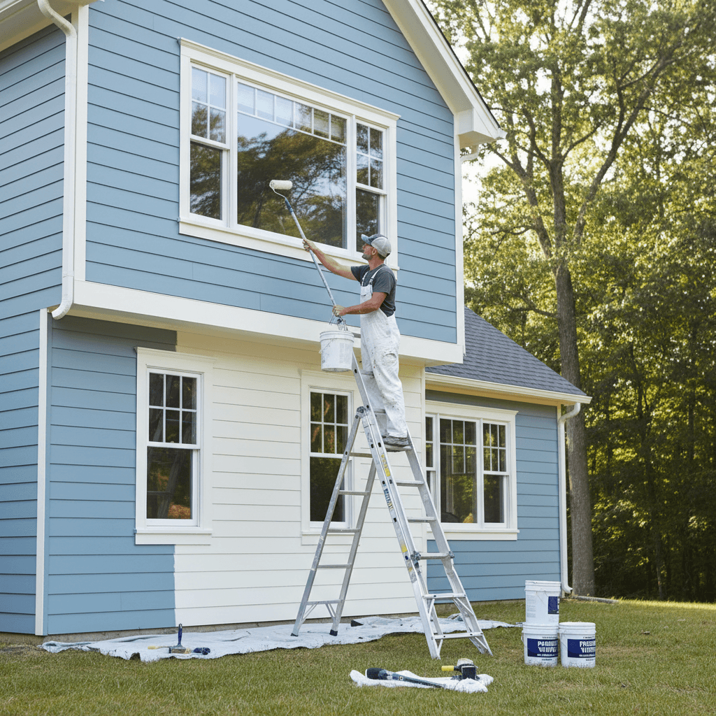 Professional painter applying fresh coat to a house exterior