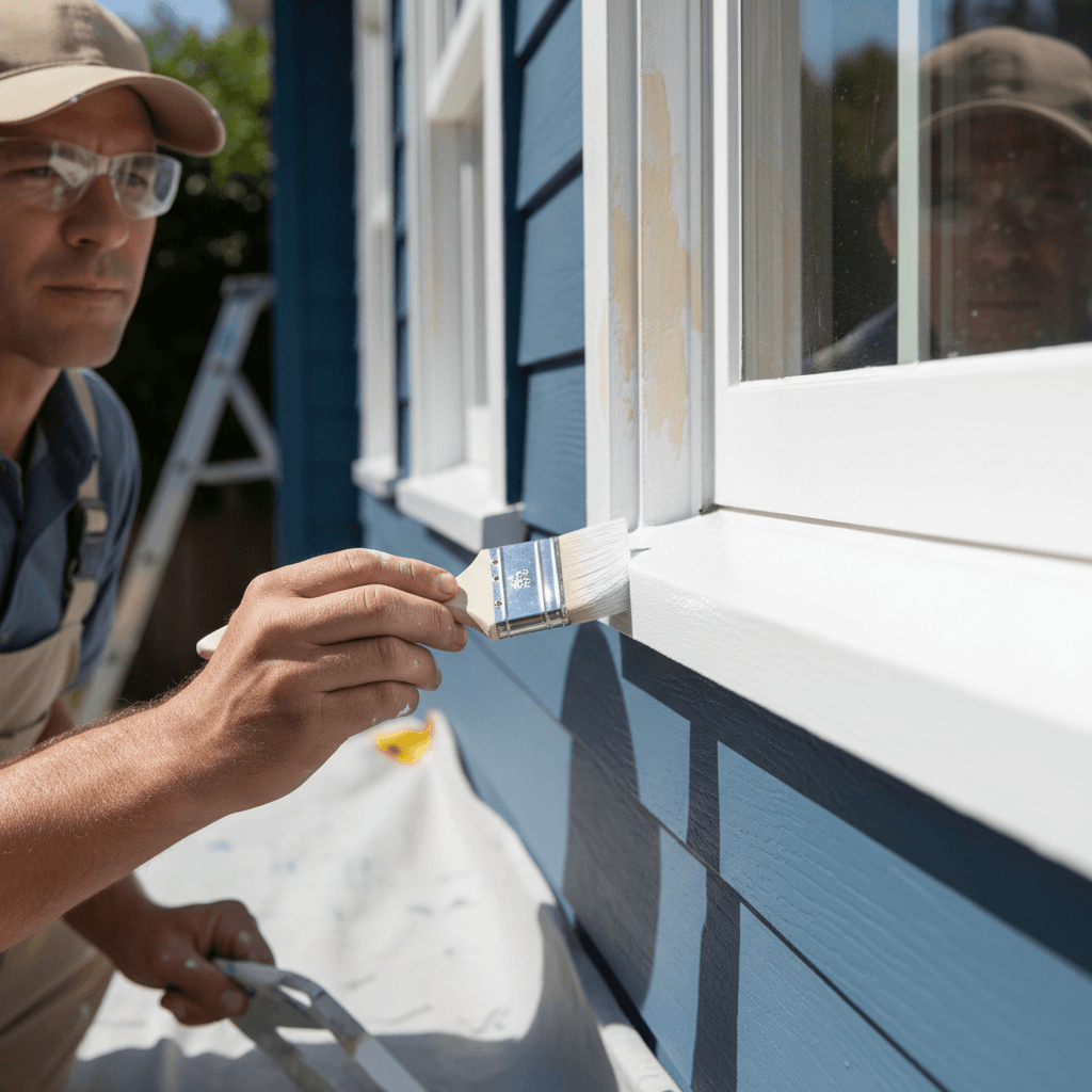 Painter carefully painting trim detail on a home exterior