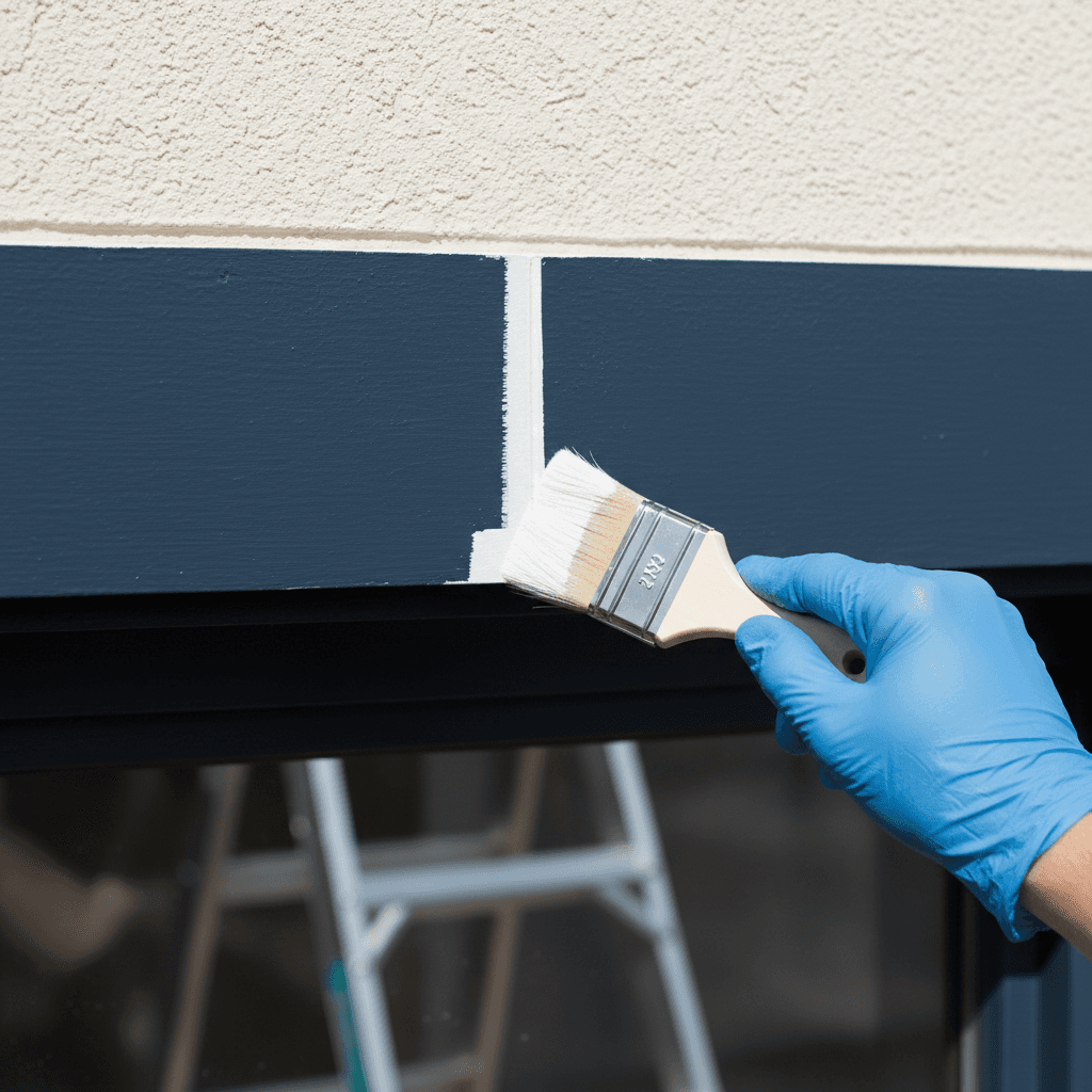 Close-up of a painter cutting in a clean paint line on window trim