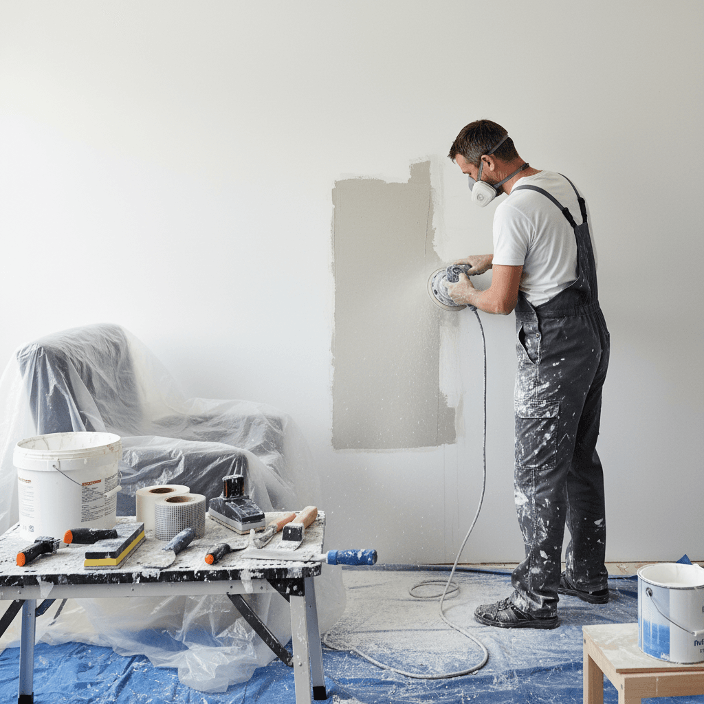 Painter sanding an interior wall to prepare the surface for fresh paint