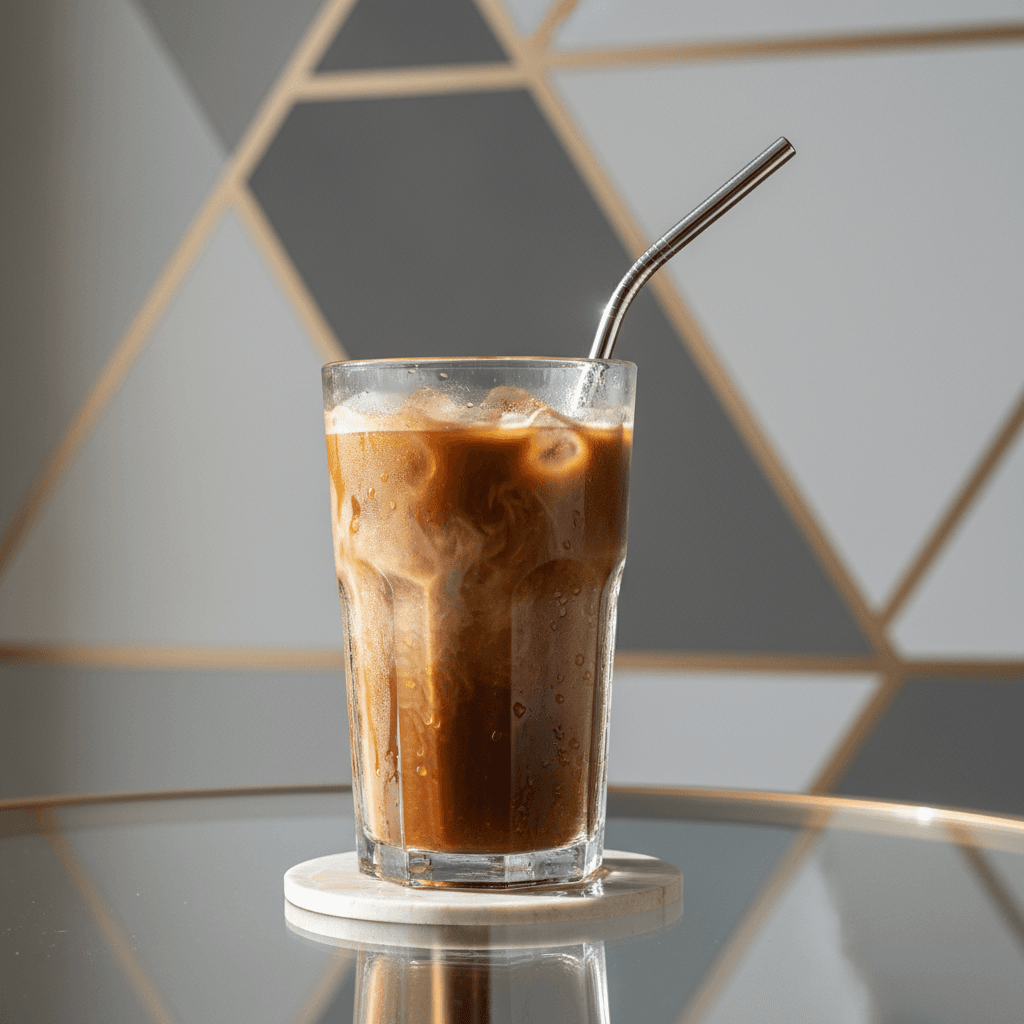 Iced coffee sweating on glass table with modern wall visible