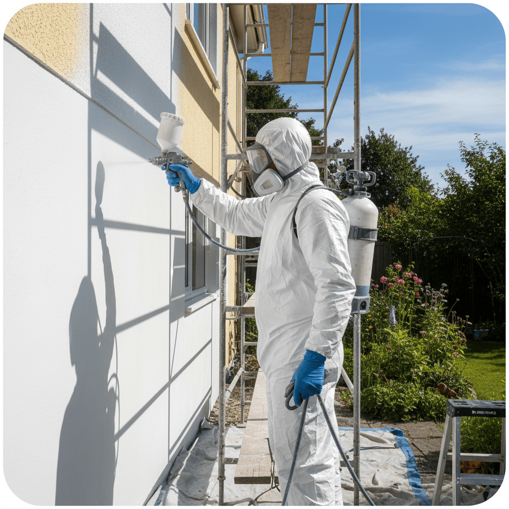 Painter spraying a light beige finish on a house exterior on a clear, bright day