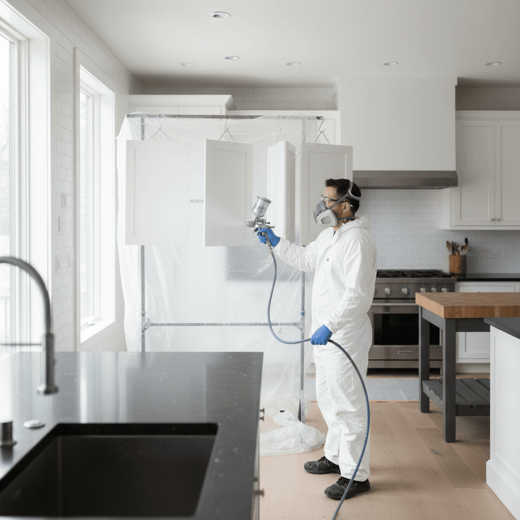 Professional painter using a spray gun on kitchen cabinet doors