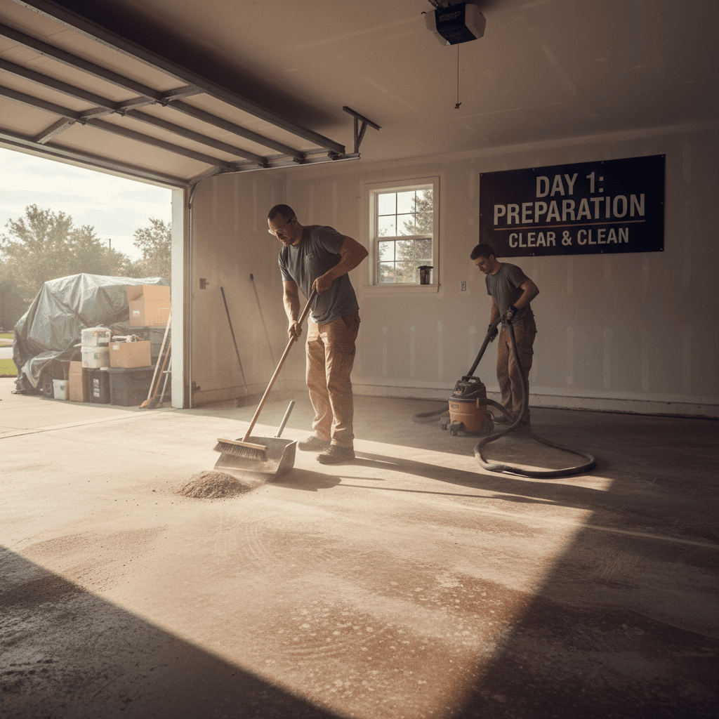 Professional applying epoxy coating to garage floor in three day process