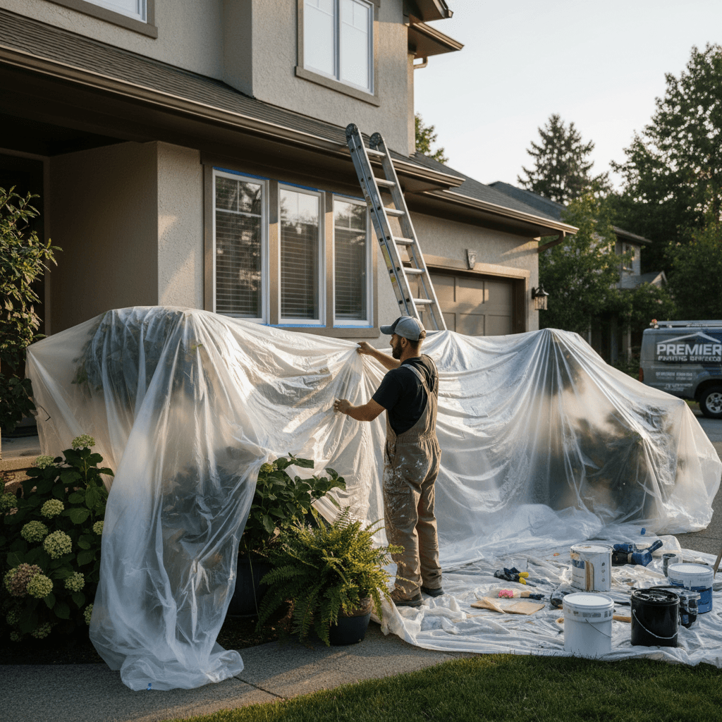 Painter covering shrubs and plants with plastic sheeting before painting a house