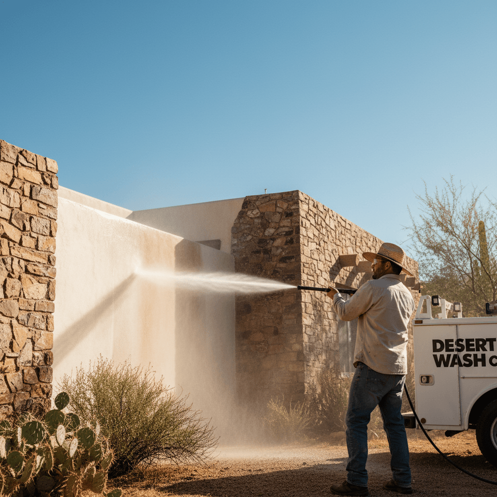 Painter pressure washing a home exterior wall