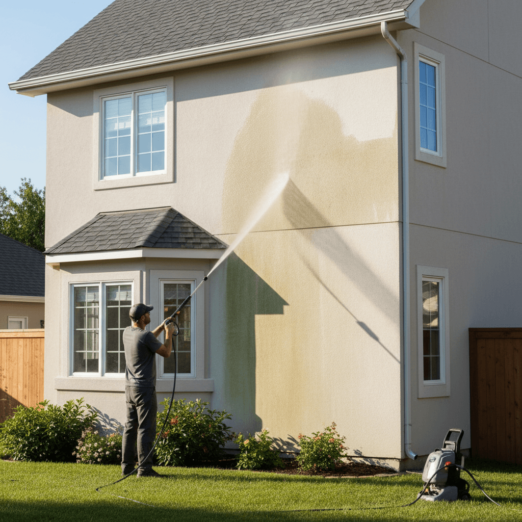 Contractor power washing the exterior wall of a house