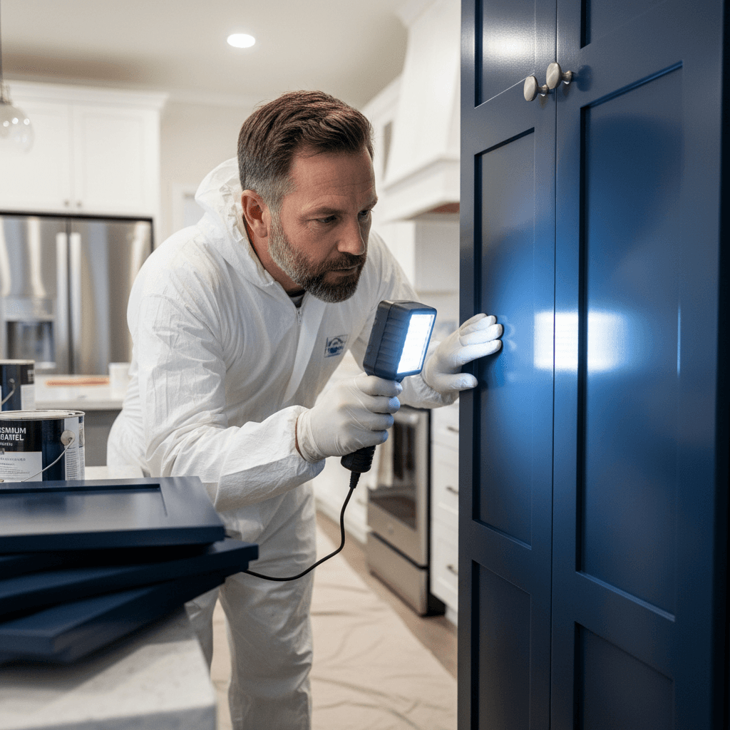 Professional painter inspecting a finished painted cabinet surface