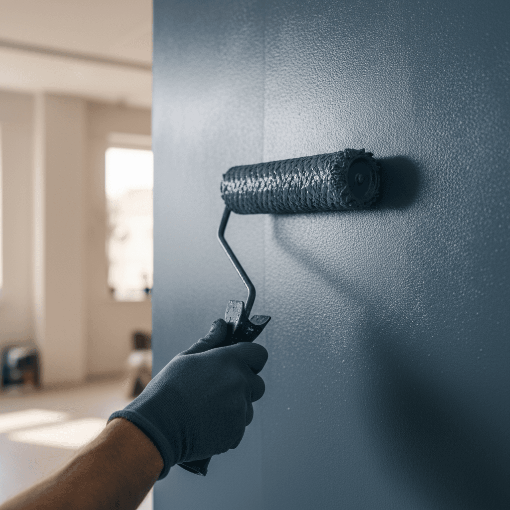 Hand rolling a coat of durable paint onto an interior wall