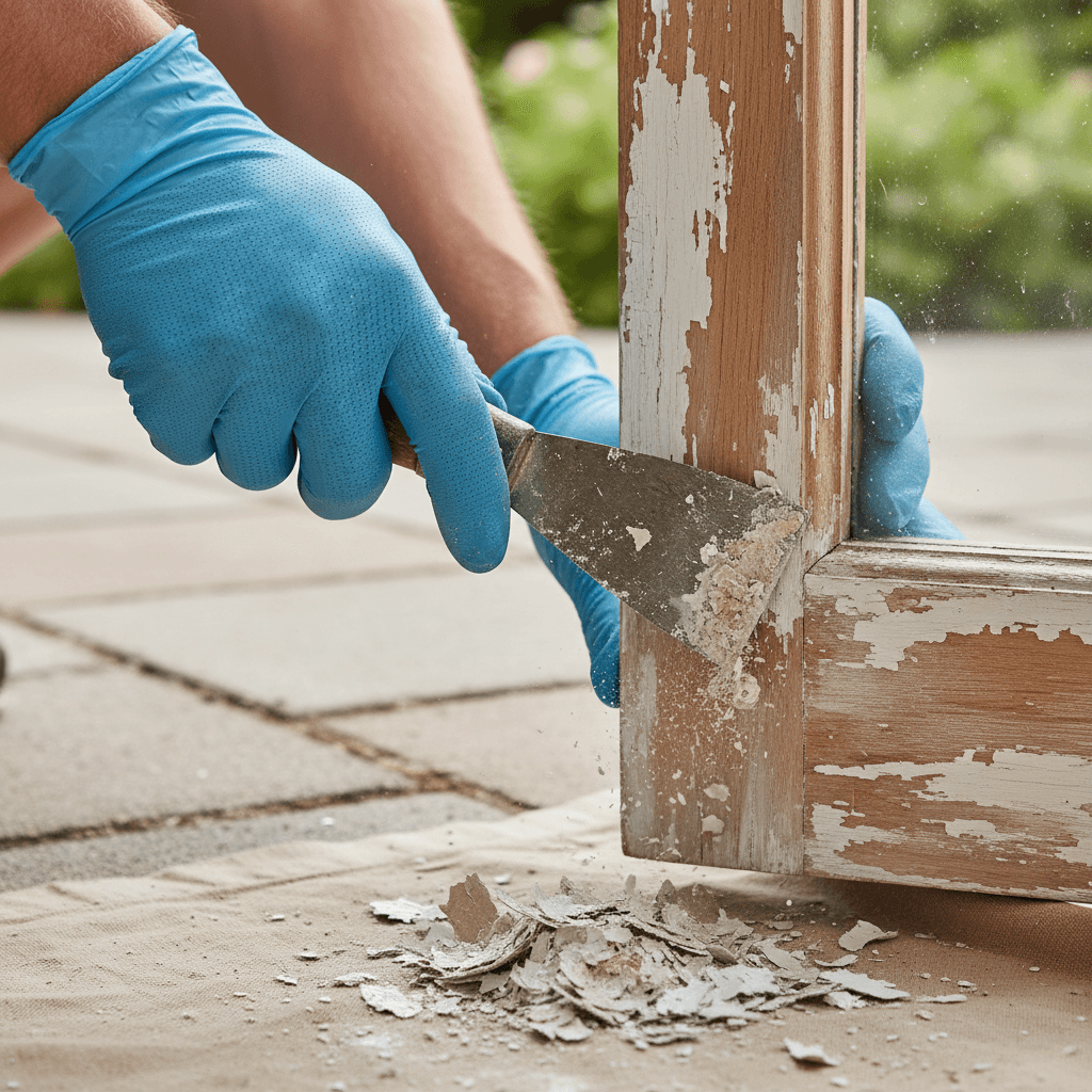 Painter's hands preparing a door frame with a scraper