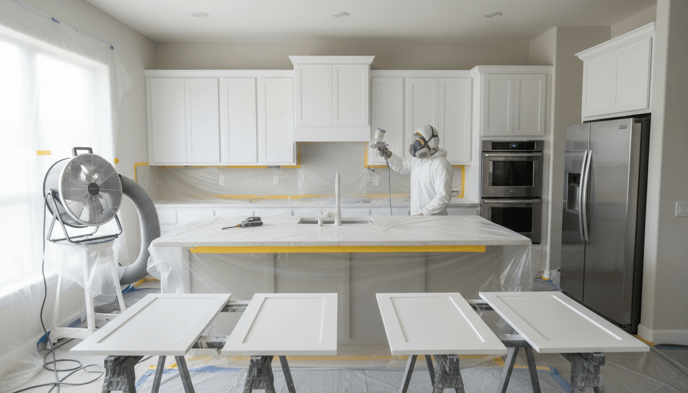Painter applying finish to kitchen cabinets in a Mesa home