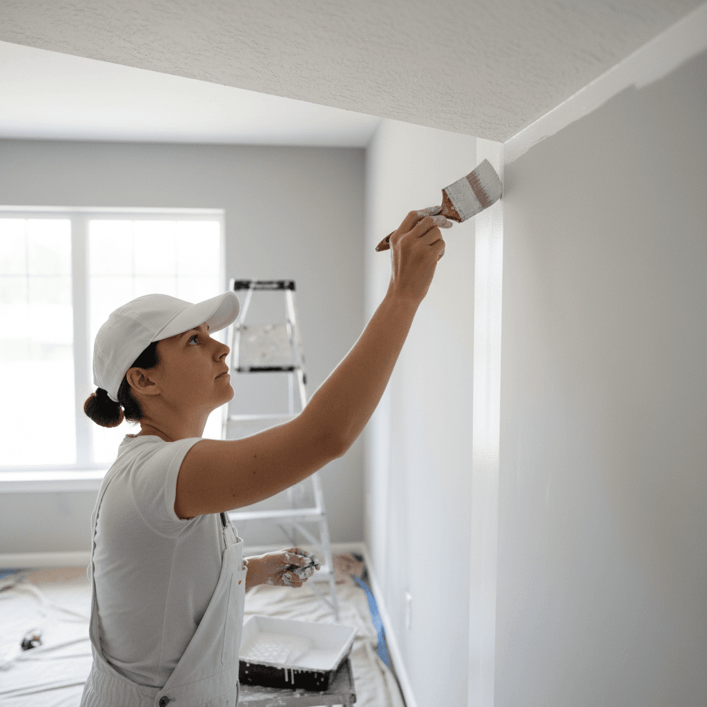 Professional painter cutting in along the ceiling for a straight line