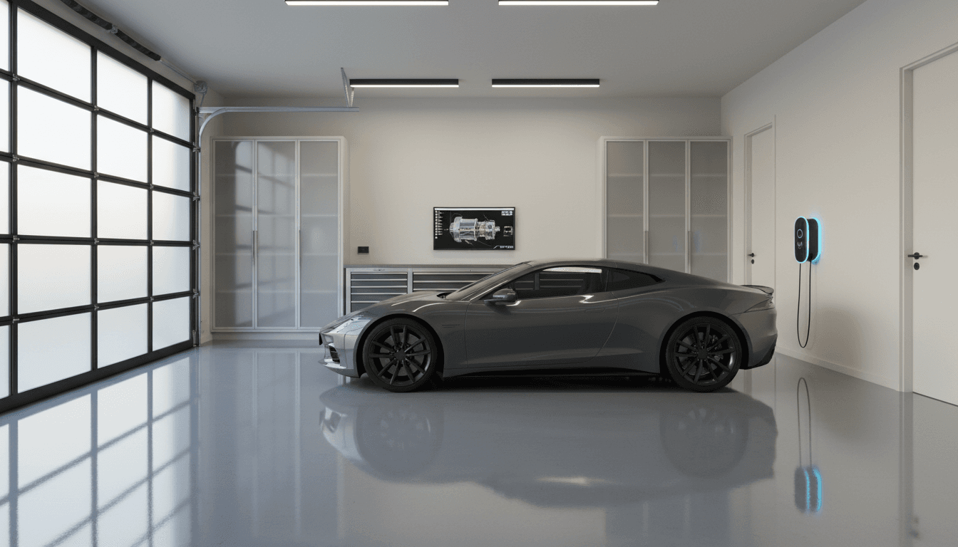 Modern garage with a sleek, glossy epoxy floor coating