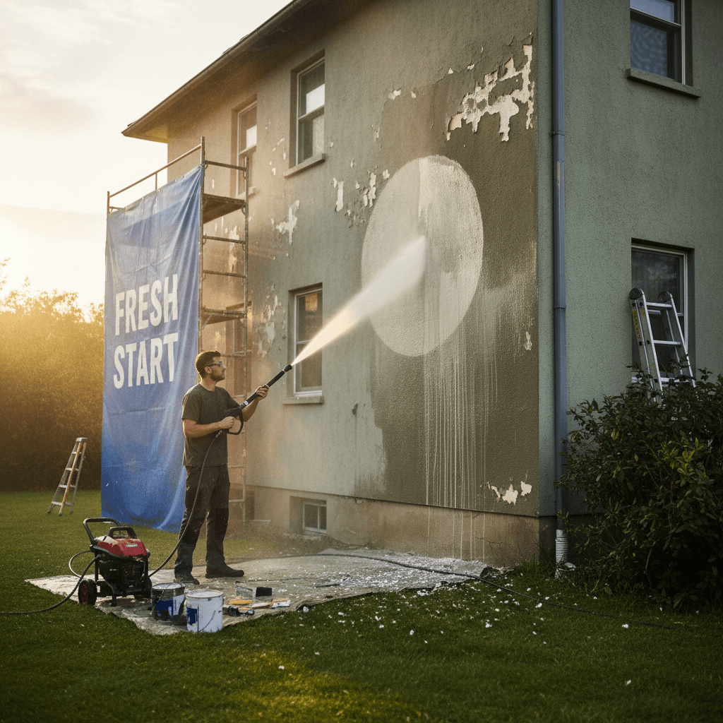 Technician power washing a home exterior as part of the prep process