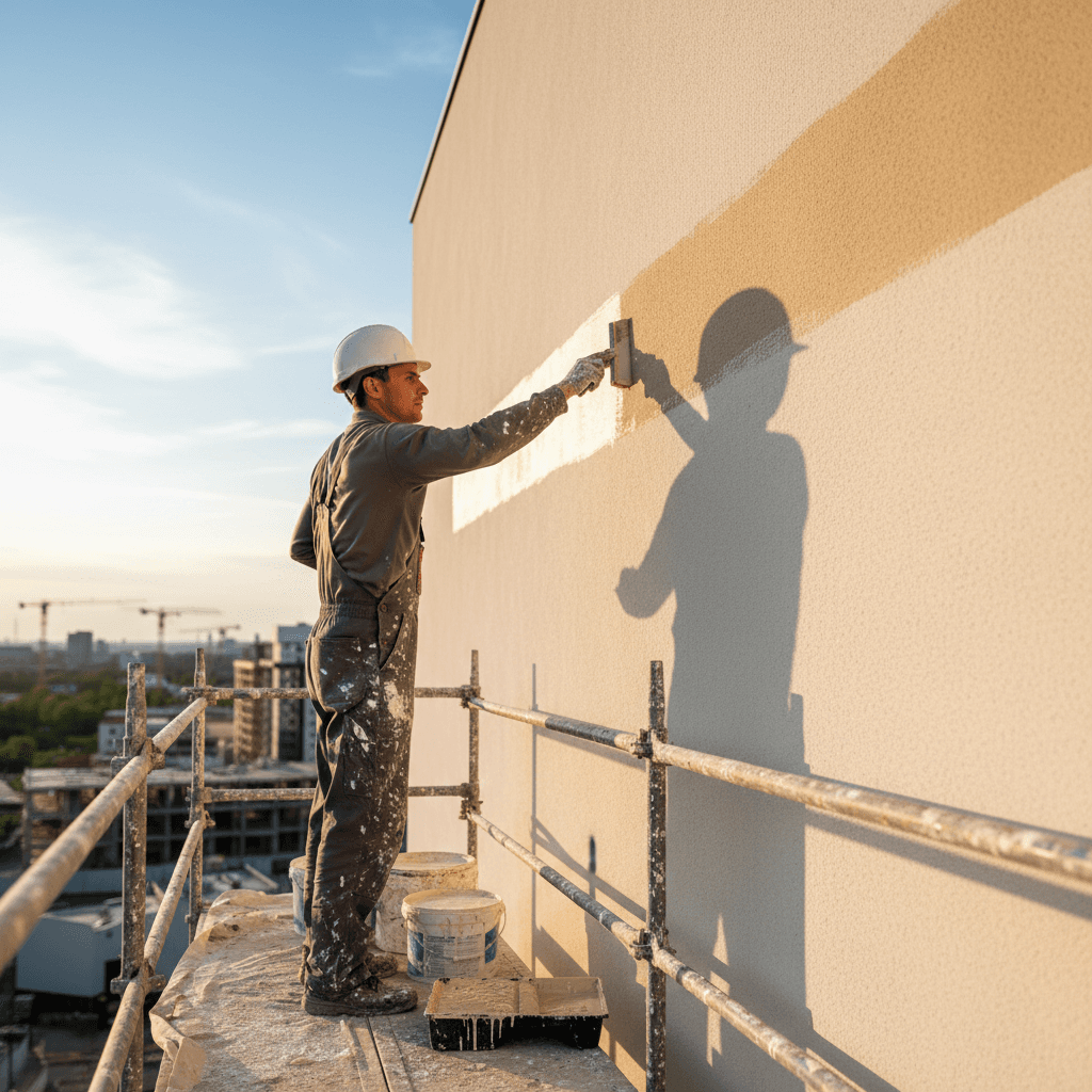 Painter applying paint to an exterior wall with a brush