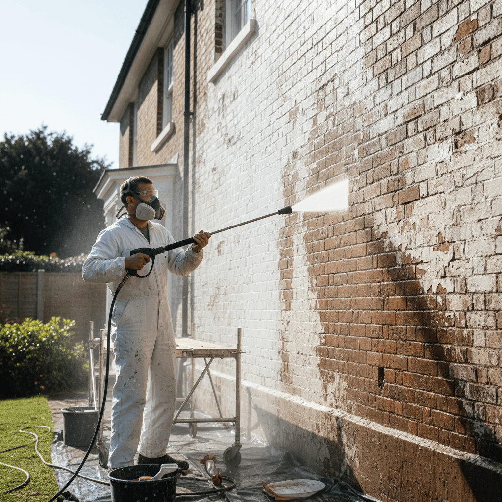 Painter power washing exterior brick wall during prep