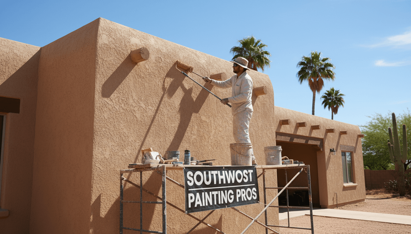 Professional exterior painter applying paint to a stucco wall on an Arizona home